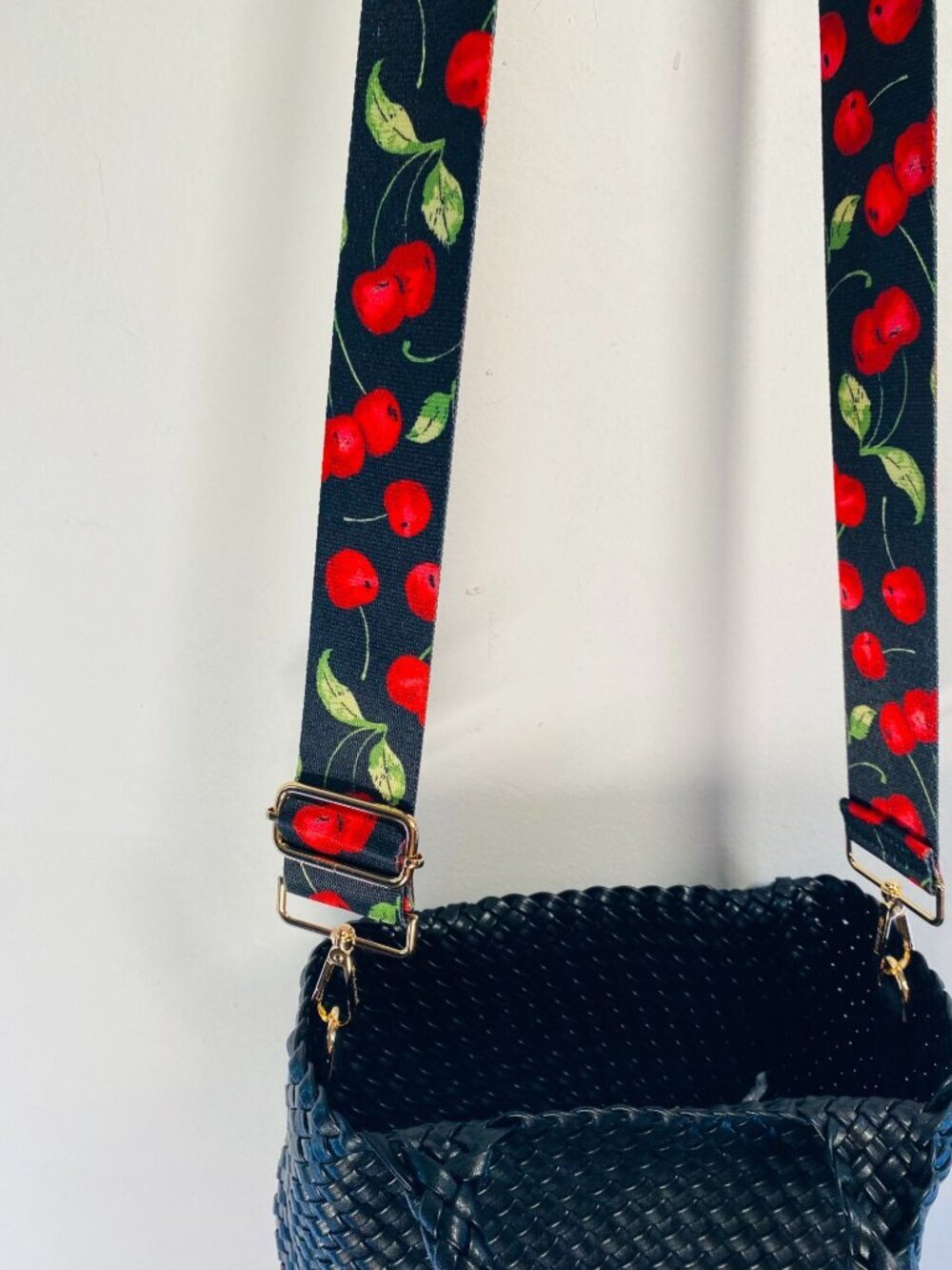 Woven Black Handbag With Cherry Strap Spacious Interior & Durable Design Perfect - Picture 5 of 7